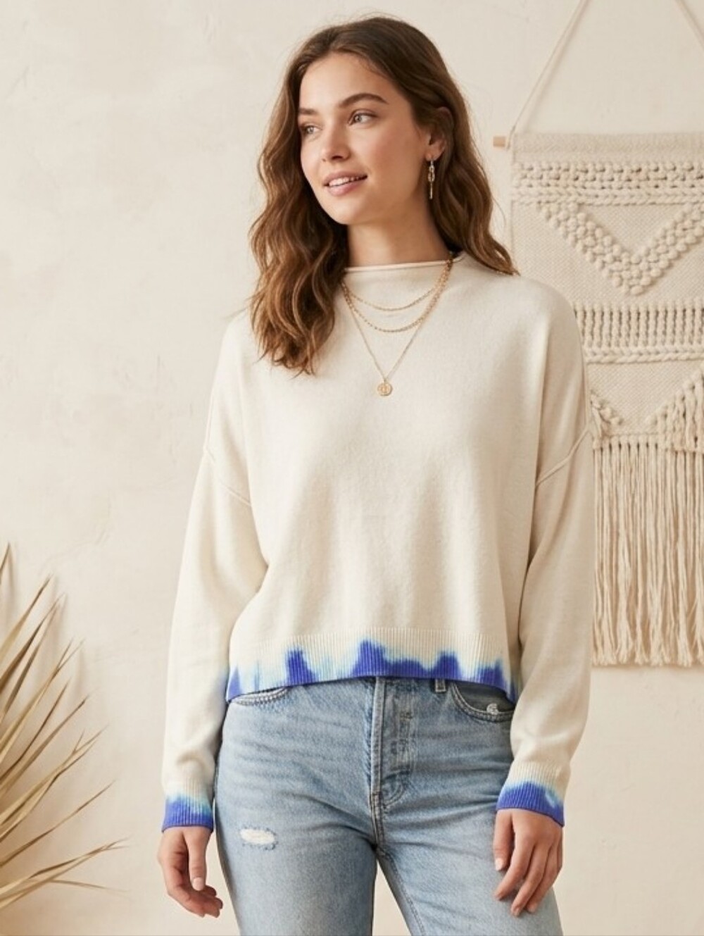 Pilcro Anthropologie 100% Cashmere Tie Dye Trim Drop Shoulder Relaxed Sweater M